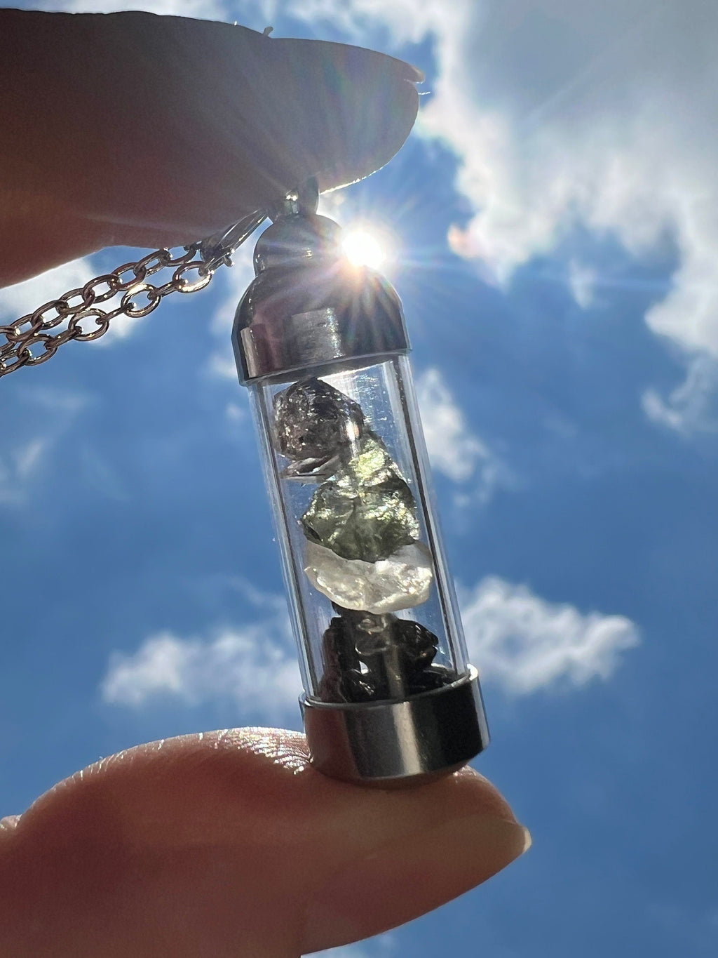 Moldavite Herkimer Diamond Meteroite Libyan Desert Glass Pendant | Iron Campo del Cielo Raw Tektite Jewelry Vial Necklace | Transformation