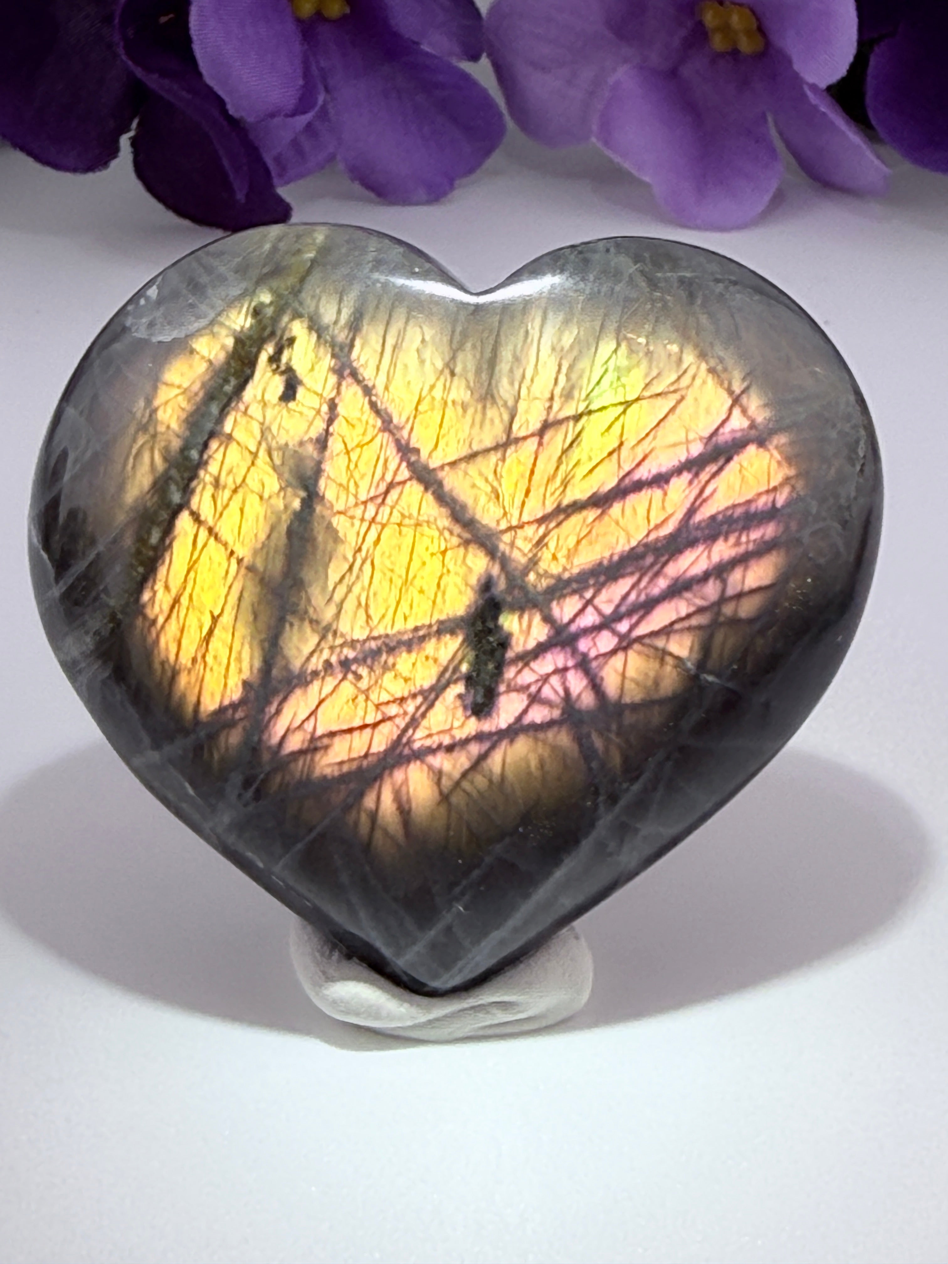 RARE Madagascar Sunset Pink Fire Labradorite Crystal Heart Stone - HIGH FLASH - NEW