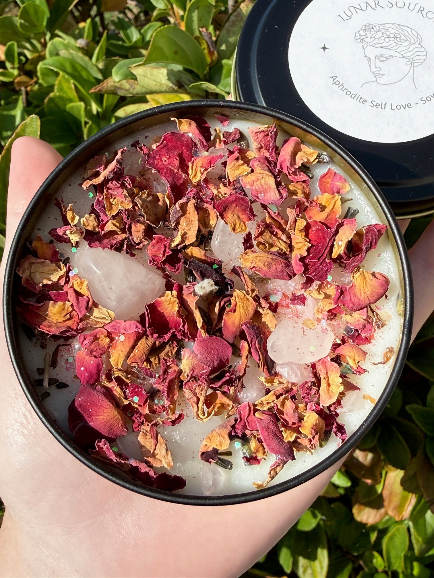 Self Love Herbal Intention Crystal Candle | Rose Petals Lavender Flowers | Altar Spell Inner Self Goddess Venus Gift Scented Rose Quartz