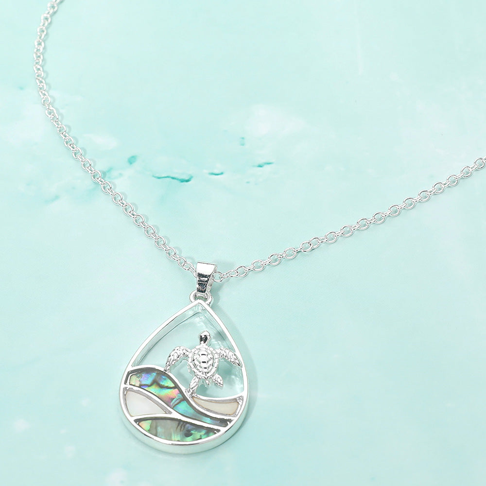 Abalone Sea Turtle Wave Teardrop Pendant Necklace
