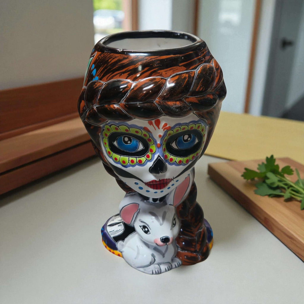 Day of the Dead Lady & Bunny Planter | Hand-Painted Talavera Pot