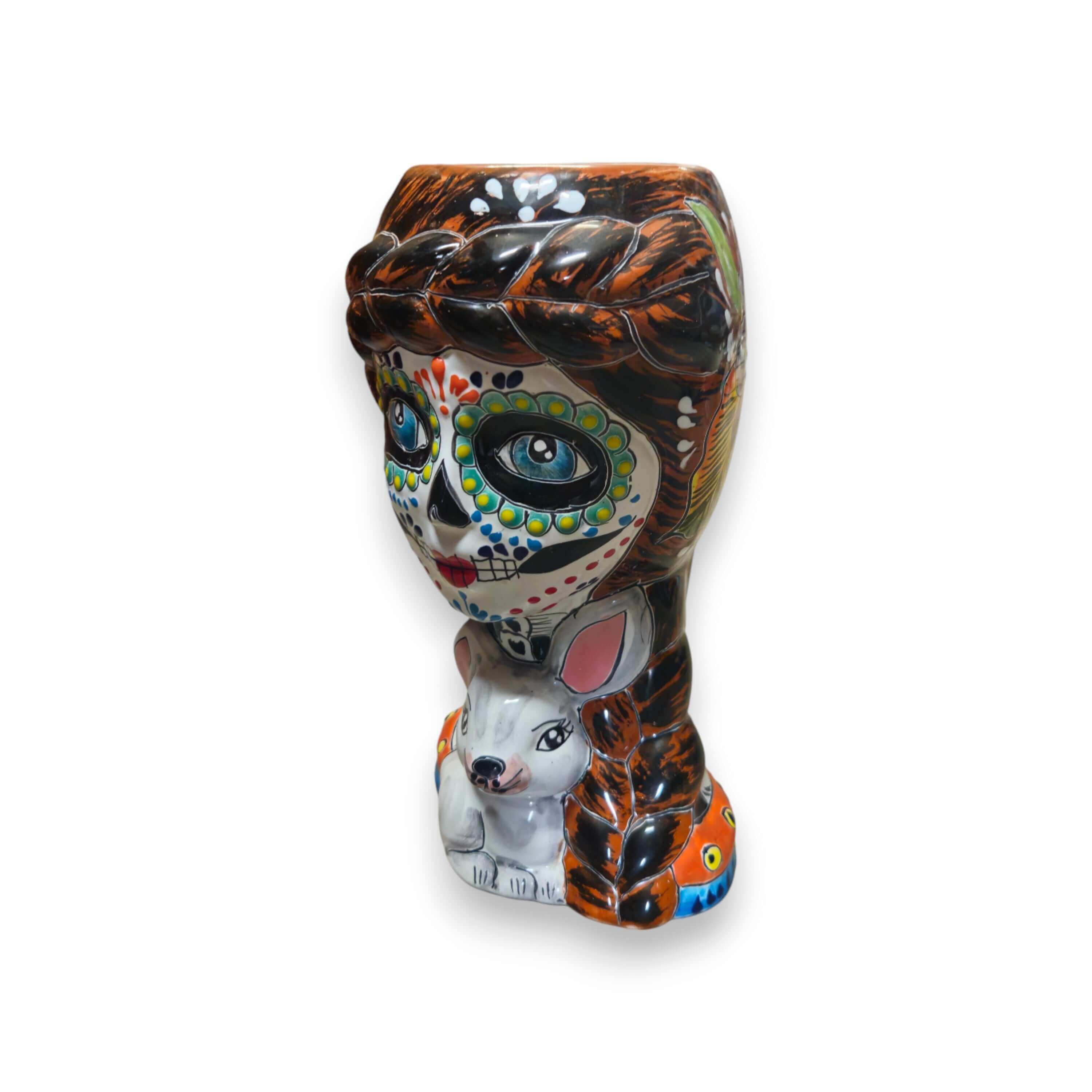 Day of the Dead Lady & Bunny Planter | Hand-Painted Talavera Pot