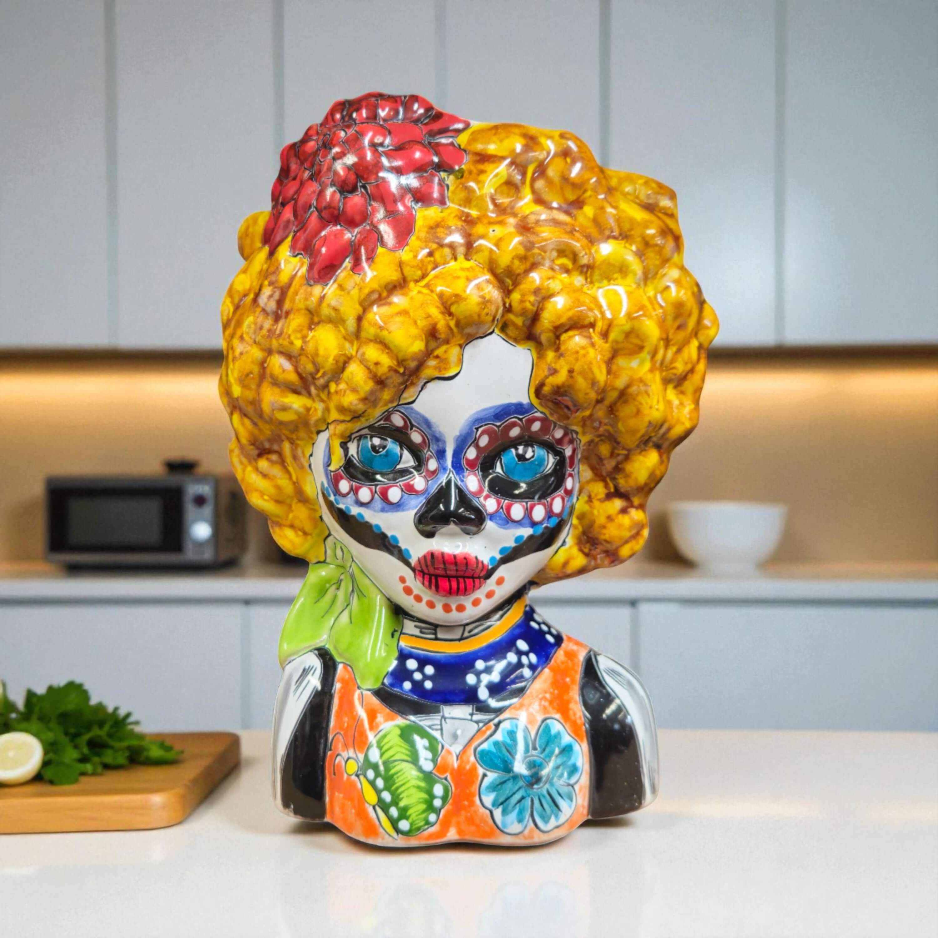 Colorful Talavera Lady Skull Planter | Day of the Dead Decor