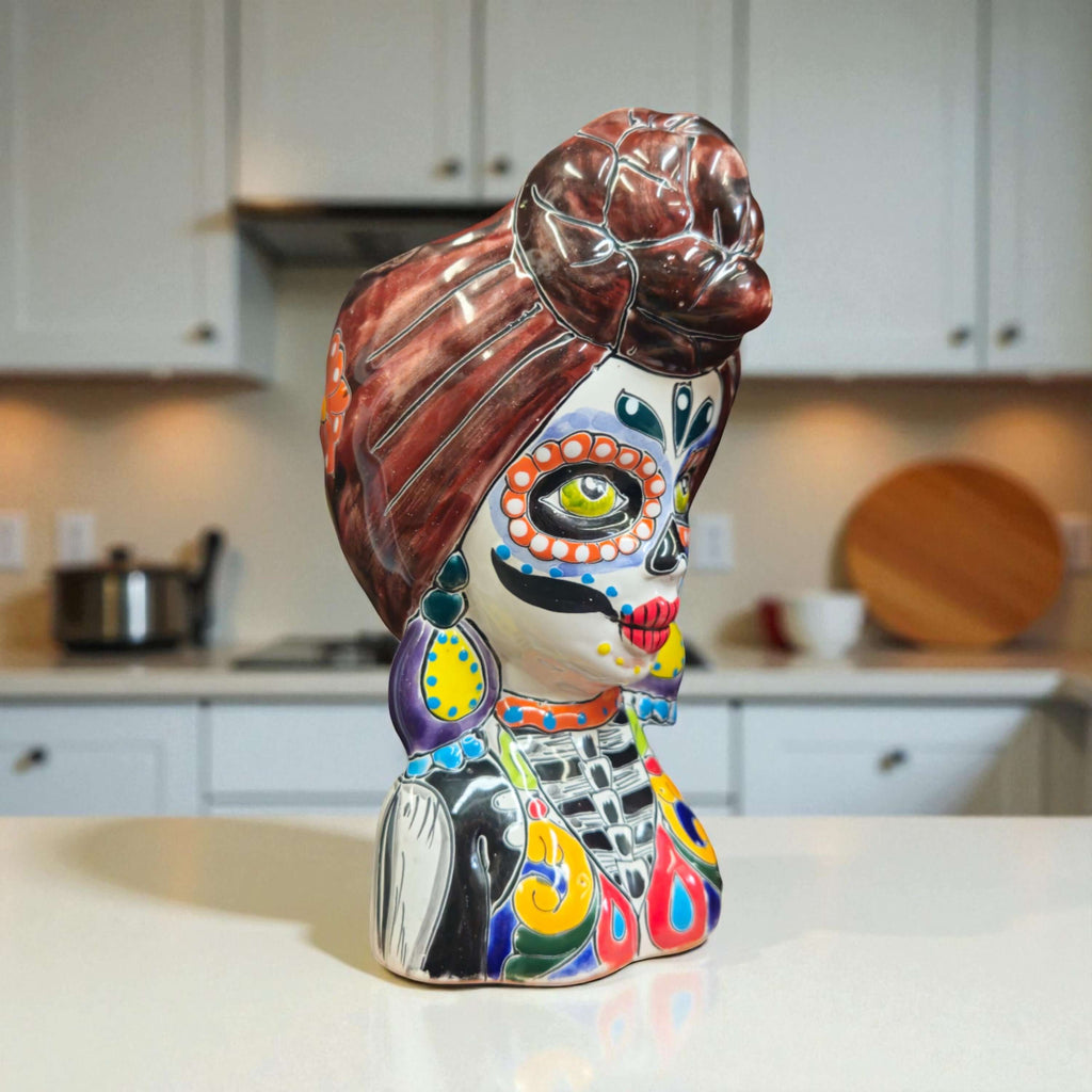 Talavera Skull Lady Planter | Colorful Day of the Dead Art